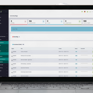 Screenshot of a dashboard interface on a laptop showing a left navigation menu and data cards labeled Kontrollaufträge (tasks) in German