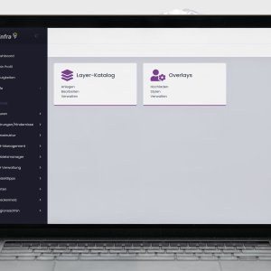 Dashboard UI on a laptop screen showing two tiles: Layer-Katalog and Overlays, with a dark left navigation menu.