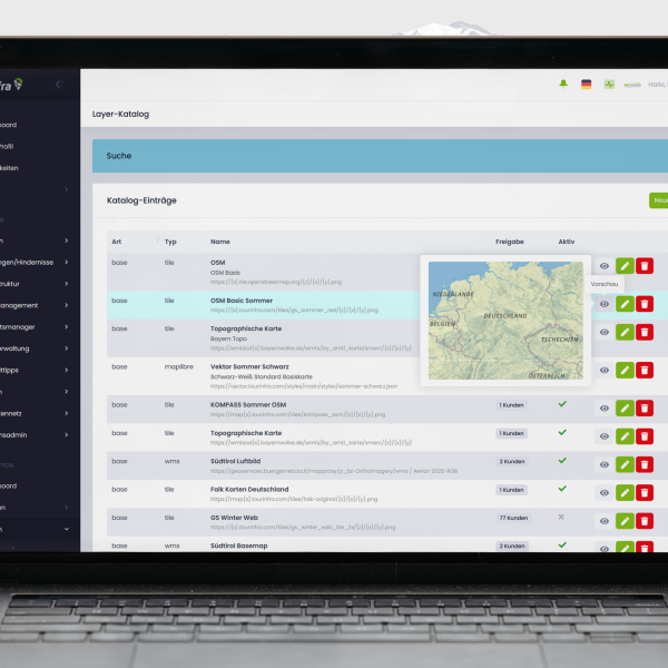 Dashboard UI on a laptop showing a layer catalog management screen with a left navigation menu, blue search bar, and a entries table with a map preview.