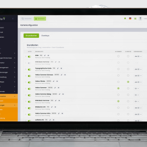 Screenshot of a dashboard UI on a laptop screen with a dark left navigation pane and a white content area showing a card configuration table in German (Kartenkonfiguration).