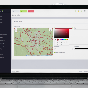 Screenshot of a web dashboard on a laptop showing a map with red routes and a color picker panel on the right, and a dark navigation menu on the left (German UI).