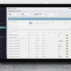 Laptop screen showing a web app dashboard with a dark left navigation menu and a light content area containing plan cards and a data table (German UI).