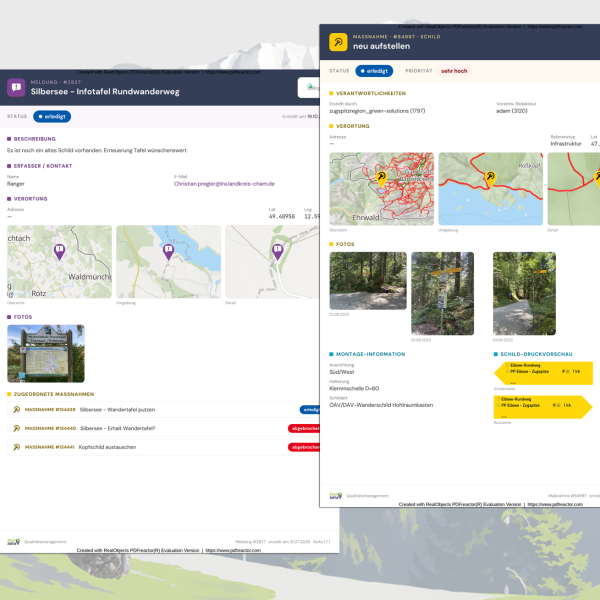 Screenshot of two project detail pages showing maps, photos, and descriptions for a hiking trail.