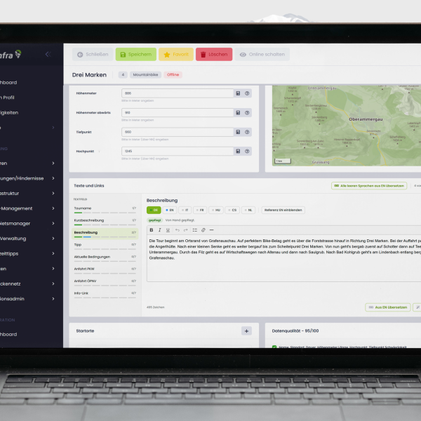 Screenshot of a laptop screen showing a web admin dashboard with a dark left navigation pane, data entry forms, and a map panel on the right.